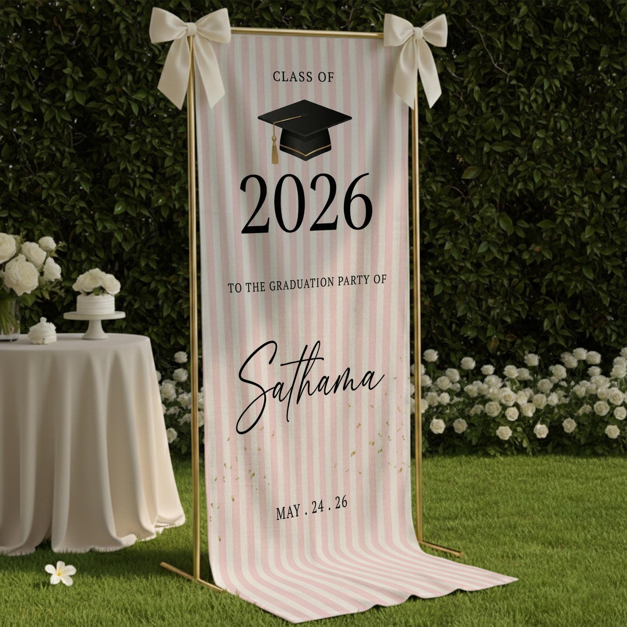 Pink White Striped Vertical Graduation Banner: Personalized Class of ...