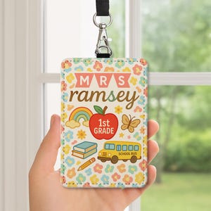Personalized Teacher Leather Badge Holder, 1st Grade ID Card, Cute Back to School Lanyard, Custom Classroom Name Tag