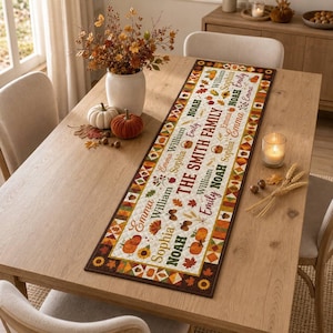 Può includere: Un runner da tavola rettangolare in tessuto con un centro color crema che riporta il testo THE SMITH FAMILY e vari nomi tra cui Emma, William, Sophia, Noah ed Emily, circondato da motivi autunnali come zucche, foglie e ghiande.