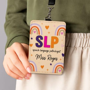 Porte-badge en cuir SLP, carte d'identité d'orthophoniste personnalisée, porte-nom arc-en-ciel, tour de cou personnalisé pour la rentrée