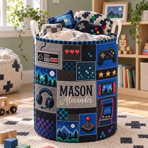 Personalized Quilted Storage Basket: Retro Gaming Nursery Organizer, Blue Black Pixel Pattern