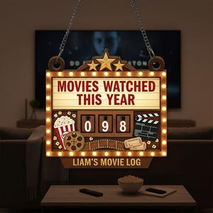 Könnte beinhalten: Hölzernes Filmlog-Schild mit dem Text "MOVIES WATCHED THIS YEAR" und "LIAM'S MOVIE LOG". Das Schild hat ein beleuchtetes Markisendesign mit Popcorn-, Filmrollen- und Klapptafelgrafiken. Der Zähler zeigt 098 an.