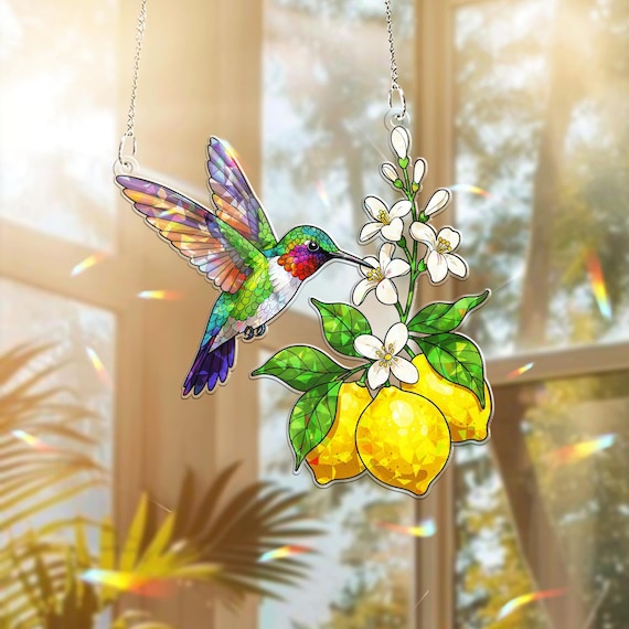Acchiappasole A Colibrì In Acrilico Colorato Per Finestra – 20x20 Cm, Con Catena E Ventosa, Decorazione Interni/esterni