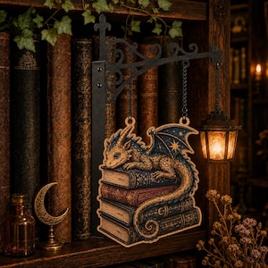 Wooden Fantasy Dragon Bookshelf Sign  and Hanging LED Lantern