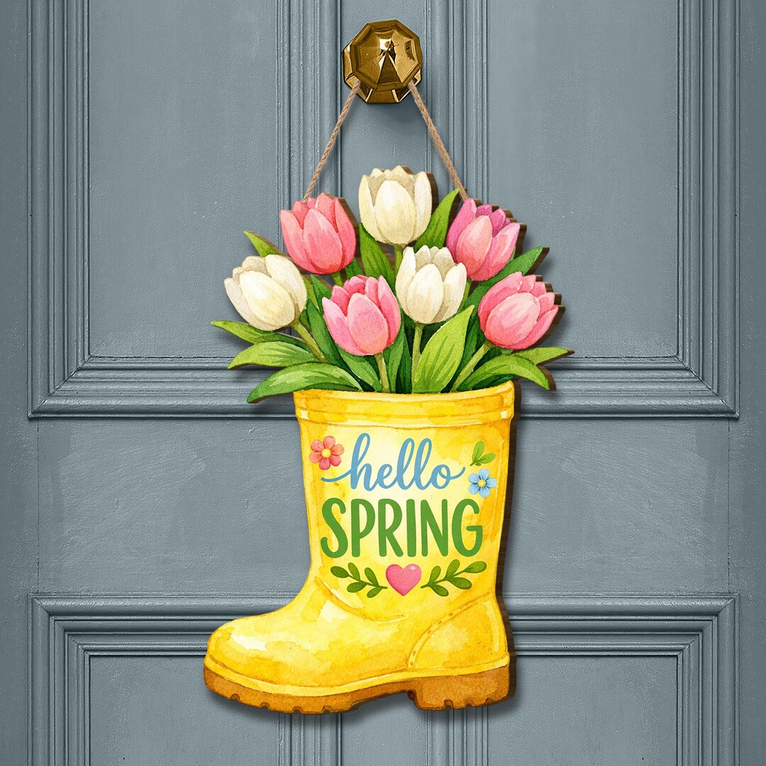 Spring Buckle Sign Wooden Spring Door Sign: Boot-shaped Floral Wall Hanging With Tulips ...