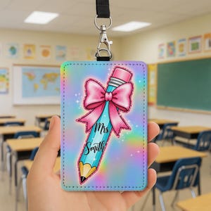 Personalized Teacher Badge Holder, Rainbow Pencil ID Holder with Name, Cute Leather Lanyard Tag, Custom Back to School Accessory