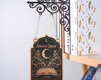 Personalized Wooden Bookshelf Sign: Hanging Library Plaque, Moon Book Design