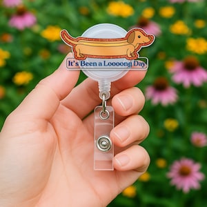 Funny Dachshund Badge Reel, It&#39;s Been a Loooong Day ID Holder, Cute Dog Nurse Badge, Wiener Dog Retractable Clip, Vet Tech Gift