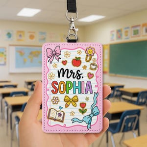 Custom Teacher Badge Holder, Personalized Name ID Tag, Cute Pink School Lanyard, Leather Classroom Accessory, Back to School Gift