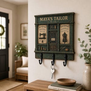 Può includere: Un portachiavi da parete in legno verde scuro con un design a vetrina con la scritta MAYA'S TAILOR EST. 2026. L'insegna include illustrazioni di una macchina da cucire, un manichino, forbici e filo, con tre ganci in metallo nero e una chiave.