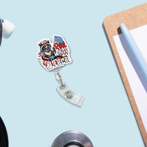 Red White and Feral Badge Reel – Funny Patriotic Raccoon ID Holder, 4th of July RN Badge Clip, Independence Day Work Accessory