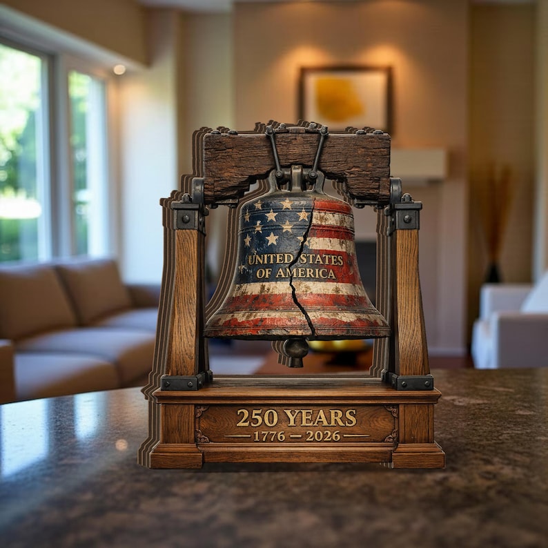 May include: A decorative bell ornament featuring a weathered American flag pattern and a prominent vertical crack. The bell is suspended within a wooden frame structure with the text UNITED STATES OF AMERICA and 250 YEARS 1776-2026 engraved.