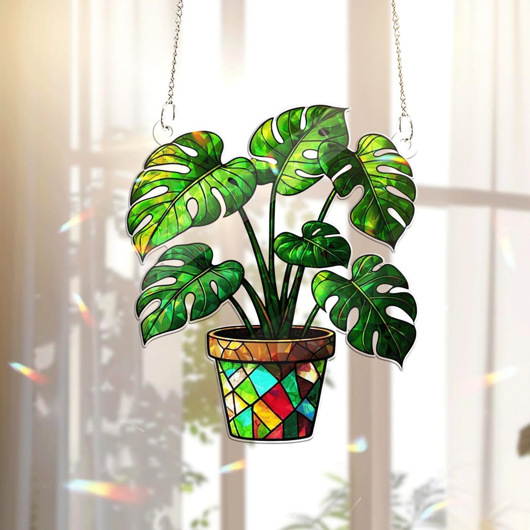Monstera Plant Acrylic Window Hanging | Stained Glass Style Suncatcher ...