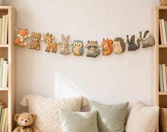 Wooden Woodland Animal Garland: Neutral Nursery Wall Decor in Soft Earth Tones