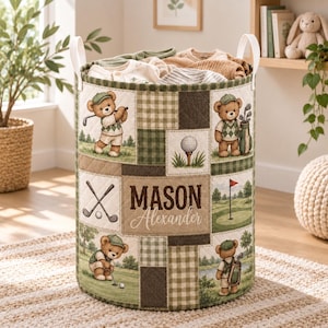 Cesto portabiancheria trapuntato personalizzato per bambini a tema golf, cesto portabiancheria personalizzato con orsacchiotto per la cameretta
