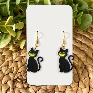 Creepy Smile Black Cat Earrings: Halloween Goth Acrylic Dangle Jewelry