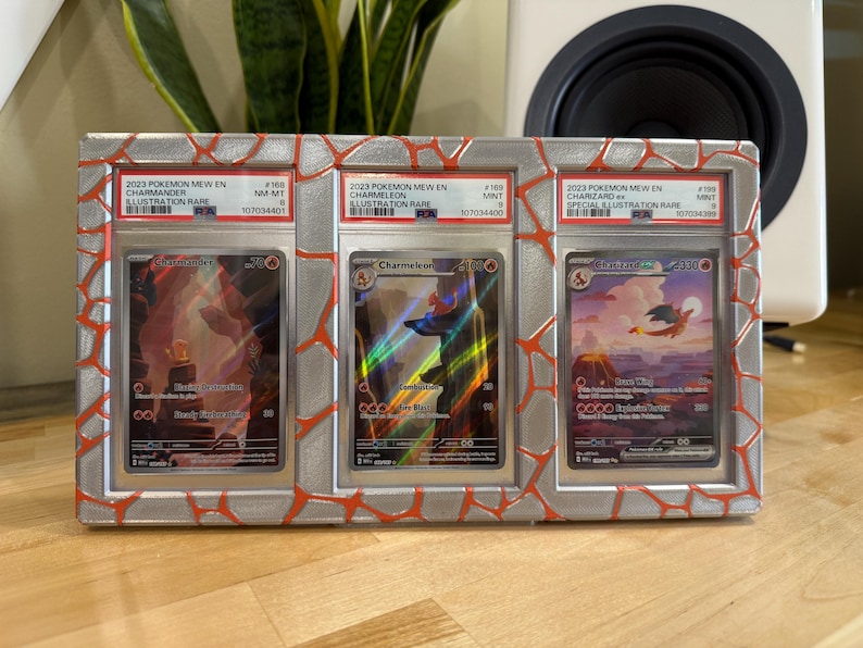 May include: A framed display featuring three Pok&eacute;mon trading cards. The cards are encased in protective holders and feature images of Charizard, Charmeleon, and Charmander. The frame has a silver finish with red accents. Text on the cards includes "2023 Pokemon Mew EN" and card details.