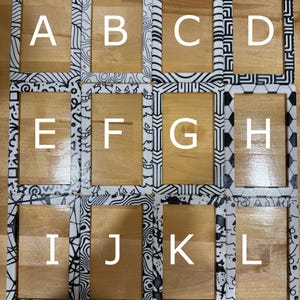 May include: A grid of twelve picture frames with various black and white patterns. Each frame is labeled with a letter from A to L. The text "Available Patterns" is at the top, and "White = Primary Color, Black = Secondary Color" is at the bottom.