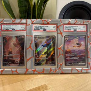 Pode incluir: Uma moldura com três cartas Pokémon. As cartas, com Charizard, Charmeleon e Charmander, estão em protetores. A moldura prateada tem detalhes vermelhos. O texto nas cartas diz "2023 Pokemon Mew EN" e detalhes da carta. A moldura tem cerca de 25 cm de largura.