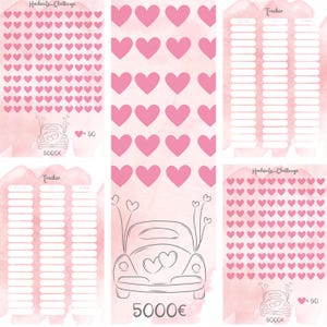 Op de afbeelding: Een roze en witte printbare bruiloftsuitdagingstracker met een auto en harten. De tracker heeft een sectie voor een takenlijst en een sectie voor een hartendiagram. De tekst op de tracker zegt "Hochzeits-Challunge" en "5000€".