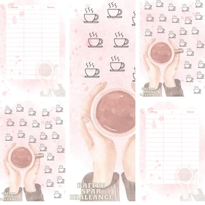 May include: A printable coffee challenge tracker with a pink background and watercolor illustrations of hands holding a cup of coffee. The text "Kaffee Spar Challange" is written in brown text on the bottom of the page.