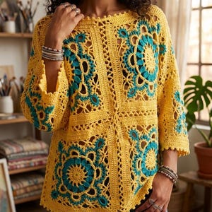 May include: A yellow crochet top with teal floral accents. The top features a round neckline and three-quarter sleeves. The crochet design includes openwork patterns and decorative edging, creating a textured and detailed look. The top is a handmade garment.