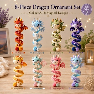 May include: An 8-piece dragon ornament set featuring crocheted dragons with spiral bodies. The set includes Fire, Frost, Leaf, Starry, Sunny, Cloud, Candy, and Aurora designs, each with unique colors and small decorative accents like stars and flowers.