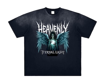 T-shirt engel | Dark Fantasy metalen T-shirt | Alternatieve mode | Ontwerp met zwarte engelenvleugels | Hemels | Grunge