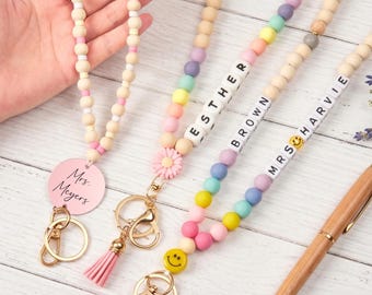 Cordão personalizado com nome, cordão personalizado para enfermeira, cordão com contas de madeira, cordão para professor, crachá de identificação, chaveiro para professor, melhor presente para professores