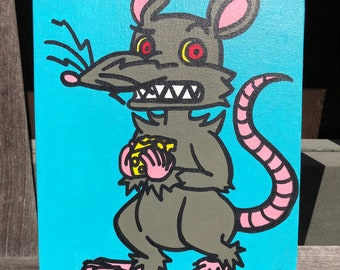 Rat With Cheese Acrylic Painting 8in x 10in Flat Canvas