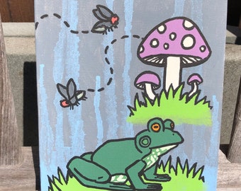 Bullfrog with Mushrooms Acrylic Painting 5in x 7in Flat Canvas