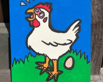 Chicken Laying Egg Acrylic Painting 5in x 7in Flat Canvas