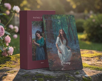 May include: A maroon oracle card deck box labeled Paths of Oracle and a single rectangular card featuring a painting of a person in a white dress standing in a swamp, with the number 5 and the word Swamp printed at the bottom of the card.