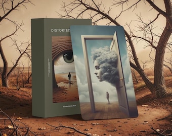 May include: A deck of cards titled Distorted with a box featuring a large eye and a figure in a desert landscape. The front card displays an open door with a cloud-shaped face and a person standing on a wooden floor. The design uses muted tones.