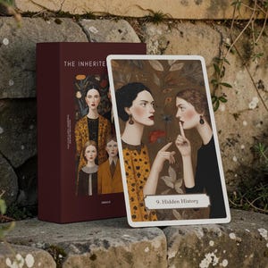 May include: A rectangular dark maroon oracle deck box labelled The Inherited and a single oracle card titled 9. Hidden History. The card features an illustration of two individuals, one in a yellow patterned top and one in a black top, with a brown background.