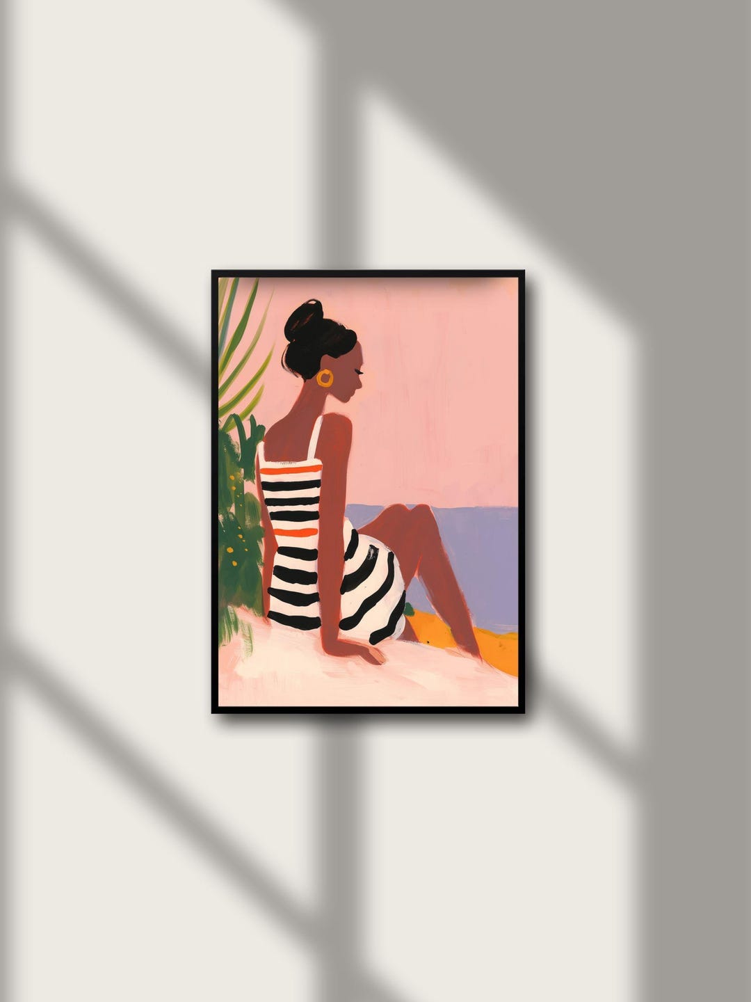 Coastal Muse Art Print Minimalist Beach Woman Wall Art Striped Dress ...
