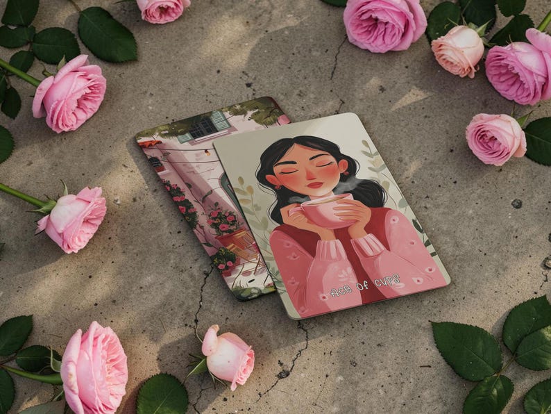 May include: Two decorative cards featuring illustrations. One depicts a woman holding a pink cup, with the text "Cup of Cozy." The other shows a European street scene. Pink roses and green leaves surround the cards.