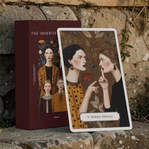 May include: A deck of oracle cards titled The Inherited, featuring a dark maroon box and a card labeled 9. Hidden History. The card displays an illustration of two individuals, one in a yellow patterned top and one in black, set against a botanical background.