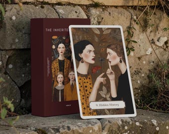 May include: A deck of oracle cards titled The Inherited, featuring a dark maroon box and a card labeled 9. Hidden History. The card displays an illustration of two individuals, one in a yellow patterned top and one in black, set against a botanical background.