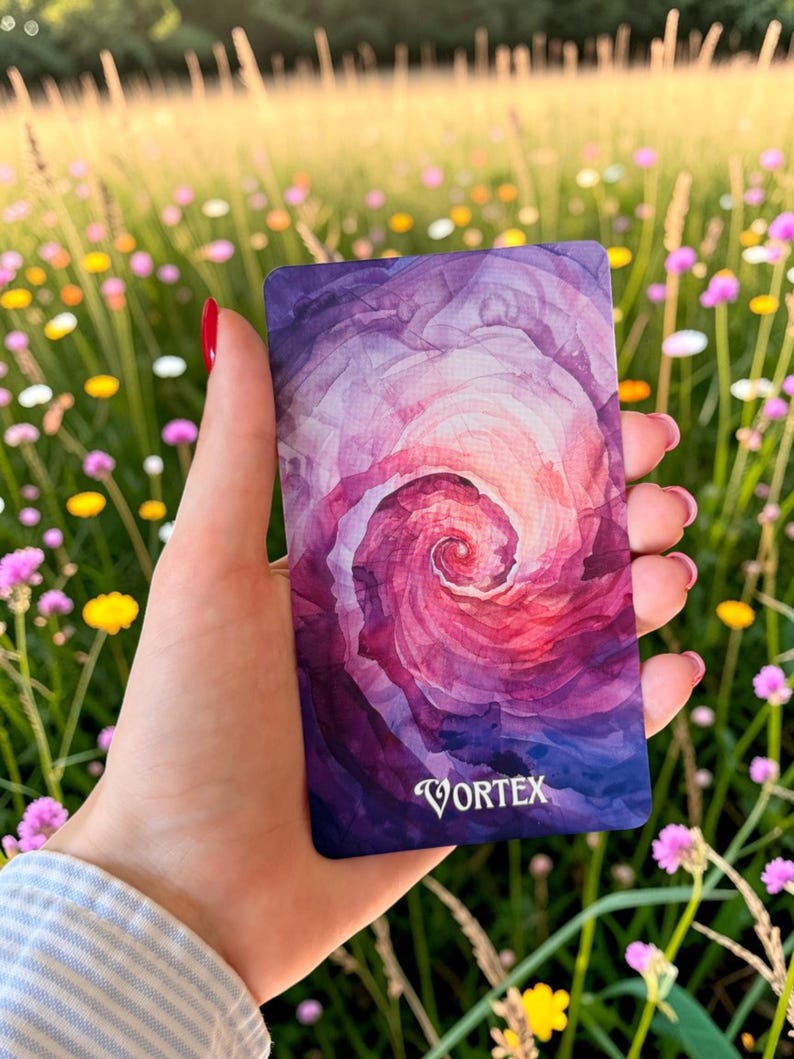 May include: A rectangular card featuring a watercolour-style spiral design in shades of purple, magenta, and pink. The word VORTEX is printed in white capital letters at the bottom centre of the card, which has rounded corners and a smooth finish.
