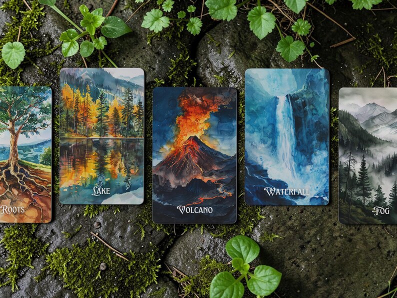 May include: Five rectangular cards featuring nature illustrations labelled Roots, Lake, Volcano, Waterfall, and Fog. Each card displays a detailed landscape painting with vibrant colours, including a tree, a reflective lake, an erupting volcano, a cascading waterfall, and a misty forest scene.