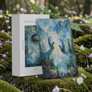 May include: A tarot card deck with a white box and a card featuring a watercolour image of hands reaching towards a mountain landscape. The card is labelled "THE THREAD" in a decorative font. The scene is set outdoors with moss and foliage.