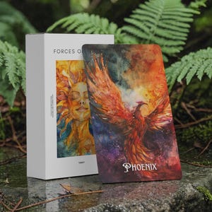 May include: A white rectangular tarot deck box labeled Forces of Nature and a single tarot card featuring a vibrant watercolor illustration of a phoenix with red, orange, and purple feathers, with the word Phoenix printed at the bottom.
