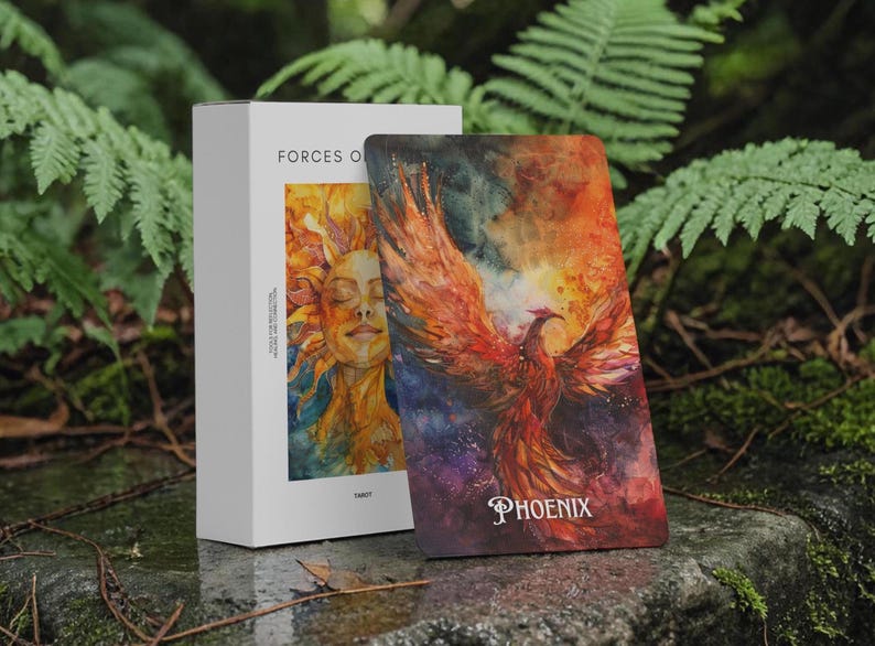 May include: A white rectangular tarot deck box labelled Forces of Nature and a single tarot card featuring a vibrant watercolour illustration of a phoenix with red, orange, and purple feathers, with the word Phoenix printed at the bottom.