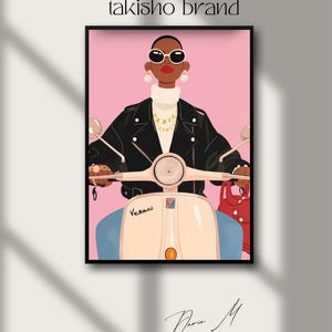Impresión de una mujer negra audaz en scooter – Arte mural de moda Vespa – Póster de una chica empoderada en motocicleta – Decoración moderna y glamurosa
