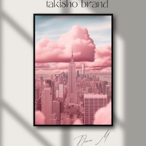 Impresión rosa de la ciudad de Nueva York: póster de ensueño del Empire State, arte mural digital con horizonte urbano, descarga de un paisaje de nubes estético