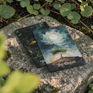 May include: Two rectangular tarot cards with dark, detailed illustrations. The top card features a tree on a mound under a bright moon with the text THE ORIGIN. The card underneath shows the number 20 and a partial face with a yellow eye.