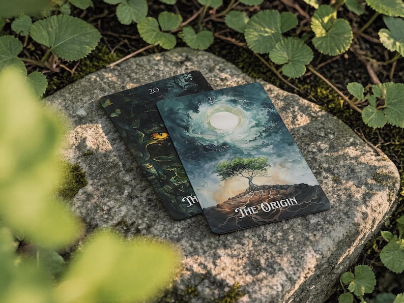 May include: Two rectangular tarot cards with dark, detailed illustrations. The top card features a tree on a mound under a bright moon with the text THE ORIGIN. The card underneath shows the number 20 and a partial face with a yellow eye.