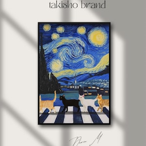 Sterrennacht kat print – Door Van Gogh geïnspireerde digitale kunst, poster grappige kat, instant download, afdrukbaar wanddecor
