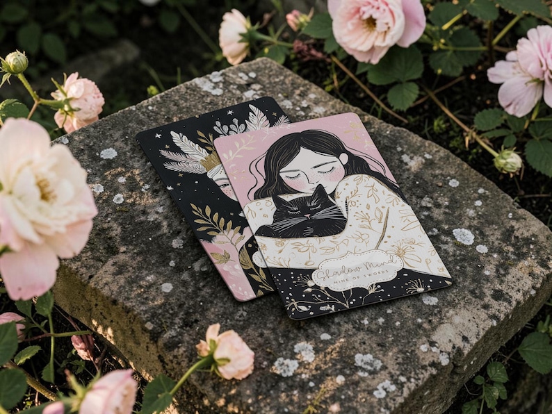 May include: Two decorative cards with illustrations of a woman and a black cat, set against a black and pink background. The cards are resting on a stone surface, surrounded by pink roses. The text "Shadow Mind" is visible.
